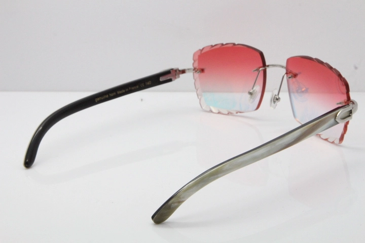 Cartier Rimless 8300816 Original White inside Black Buffalo Horn Sunglasses In Silver Mirror Red Carved Lens