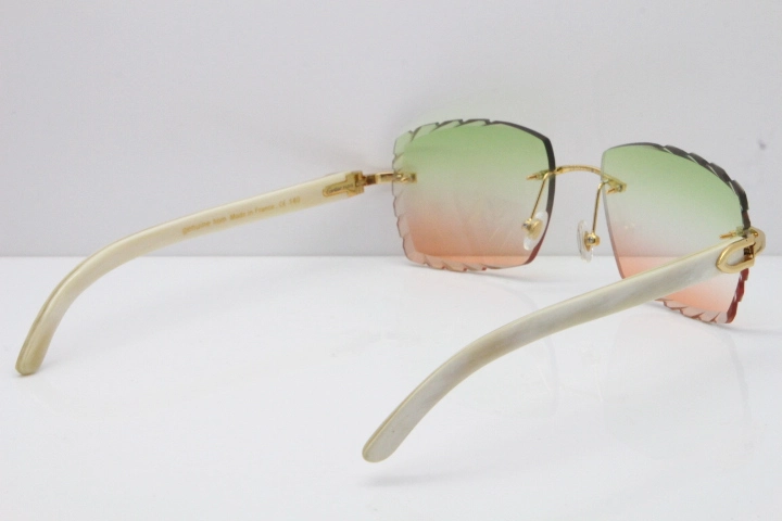 Cartier Rimless 8300816 Original White Genuine Natural Sunglasses In Gold Green Mix Brown Carved Lens