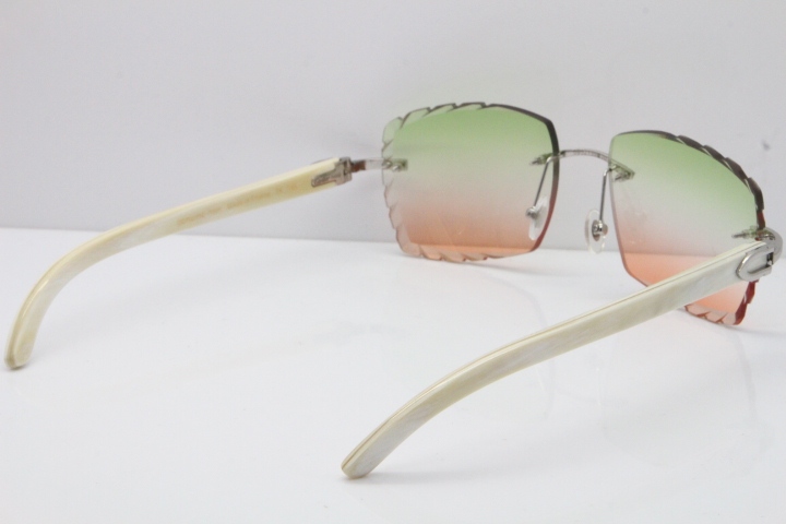 Cartier Rimless 8300816 Original White Genuine Natural Sunglasses In Gold Green Mix Brown Carved Lens