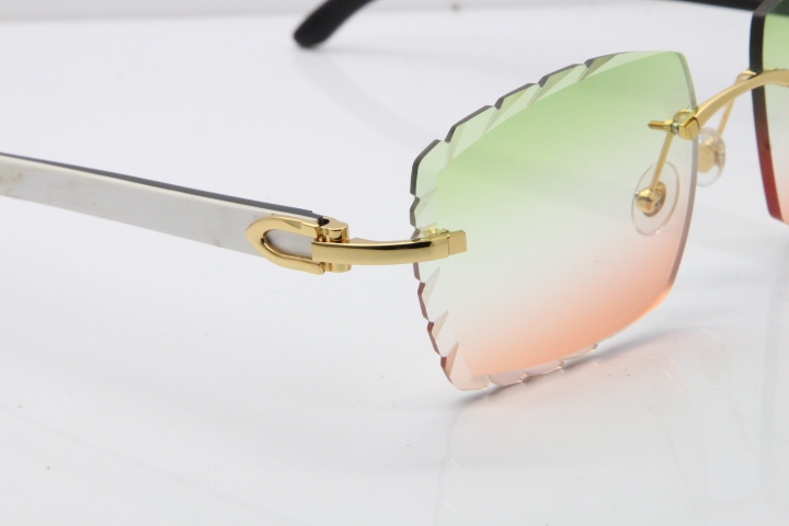 Cartier Rimless 8300816 Original White inside Black Buffalo Horn Sunglasses In Gold Green Mix Brown Carved Lens