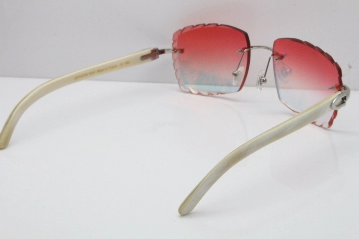 Cartier Rimless 8300816 Original White Genuine Natural Sunglasses In Gold Mirror Red Carved Lens