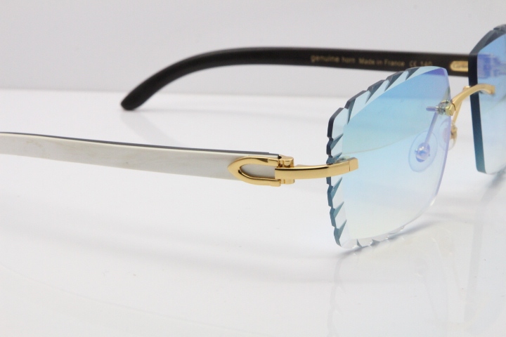 Cartier Rimless 8300816 Original White inside Black Buffalo Horn Sunglasses In Gold Ice Blue Carved Lens