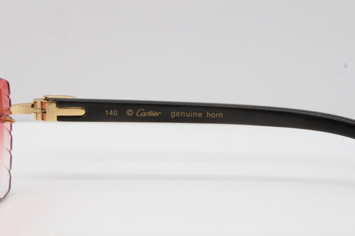 Cartier Rimless 8300816 Original White inside Black Buffalo Horn Sunglasses In Gold Red Carved Lens