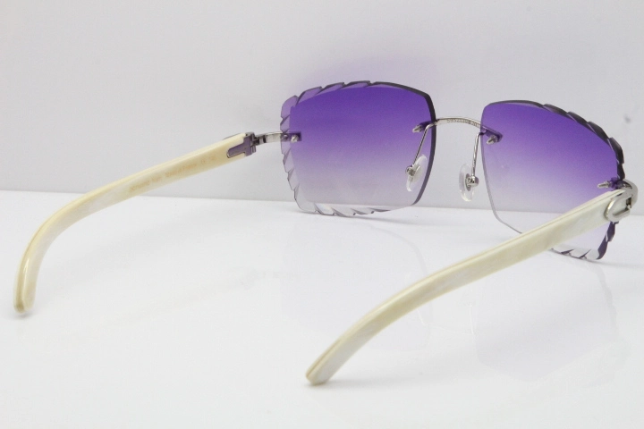 Cartier Rimless 8300816 Original White Genuine Natural Sunglasses In Gold Purple Carved Lens