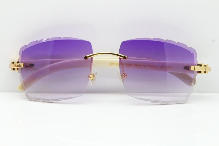 Cartier Rimless 8300816 Original White Genuine Natural Sunglasses In Gold Purple Carved Lens