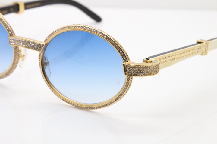 Cartier T7550178 White Inside Black Buffalo Horn Smaller Big Stones Vintage Sunglasses In Gold Blue Lens（Limited edition）