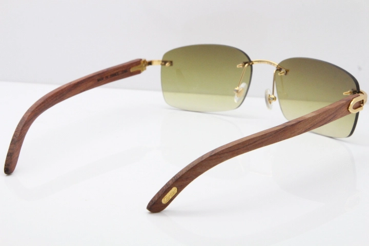 Cartier Rimless 8200759 Original Wood Sunglasses in Gold Brown Lens