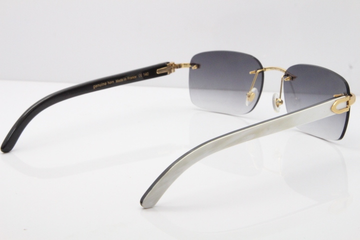 Cartier Rimless 8200759 Original White Inside Black Buffalo Horn Sunglasses in Silver Gray Lens