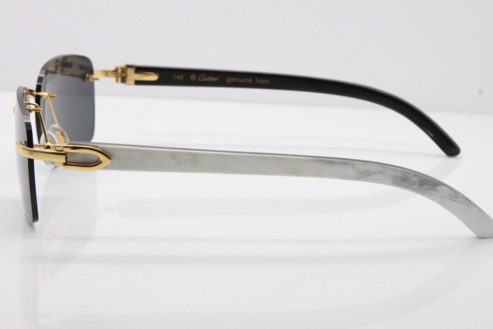 Cartier Rimless 8200759 Original White Inside Black Buffalo Horn Sunglasses in Gold Dark Lens