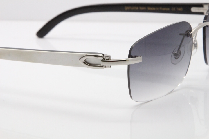 Cartier Rimless 8200759 Original White Inside Black Buffalo Horn Sunglasses in Silver Gray Lens