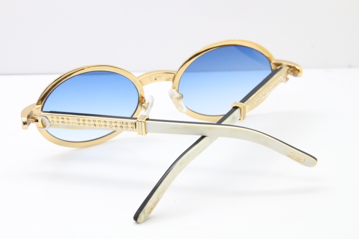 Cartier T7550178 White Inside Black Buffalo Horn Smaller Big Stones Vintage Sunglasses In Gold Blue Lens（Limited edition）