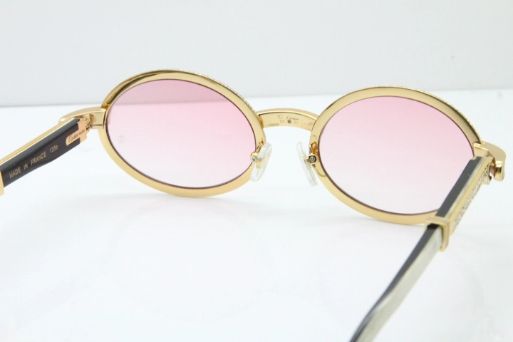 Cartier T7550178 White Inside Black Buffalo Horn Smaller Big Stones Vintage Sunglasses In Gold Pink Lens（Limited edition）