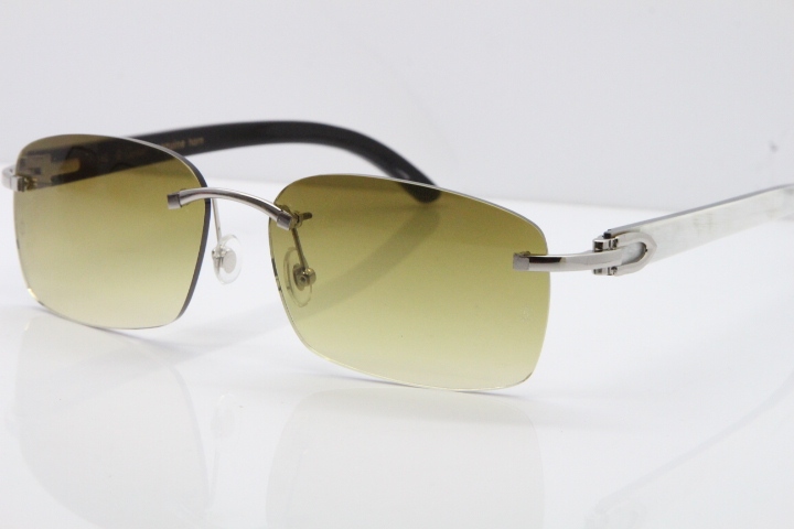 Cartier Rimless 8200759 Original White Inside Black Buffalo Horn Sunglasses in Gold Brown Lens