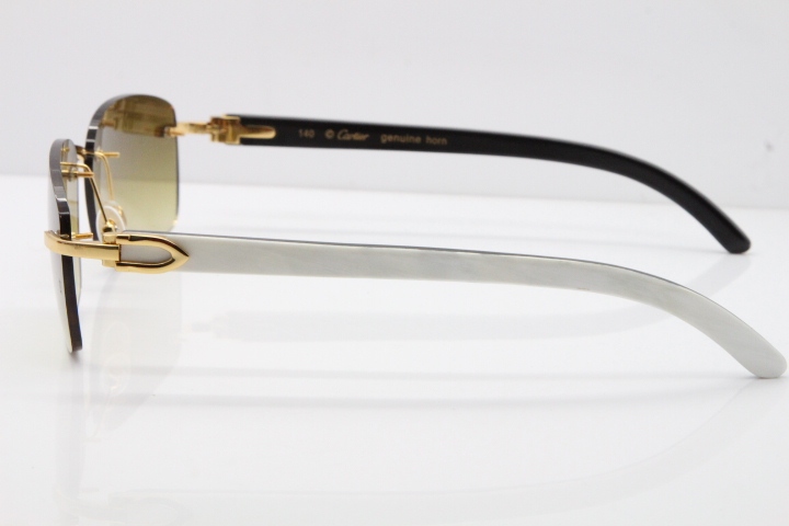 Cartier Rimless 8200759 Original White Inside Black Buffalo Horn Sunglasses in Gold Brown Lens