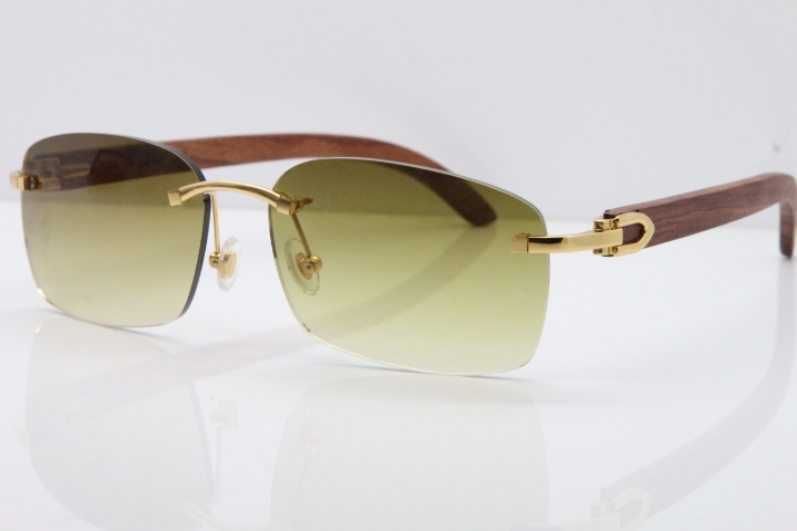 Cartier Rimless 8200759 Original Wood Sunglasses in Gold Brown Lens