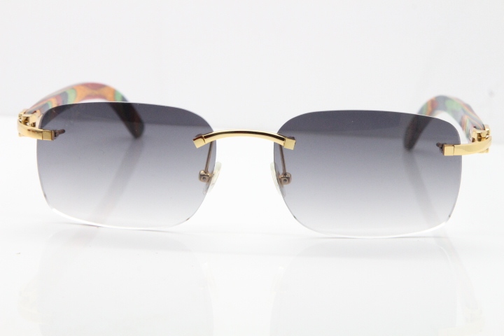 Cartier Rimless 8200759 Original Peacock Wood Sunglasses in Gold Gray Lens