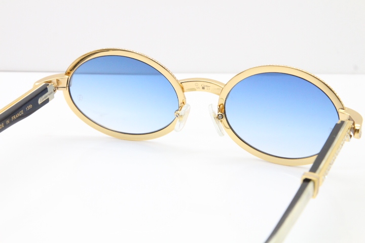 Cartier T7550178 White Inside Black Buffalo Horn Smaller Big Stones Vintage Sunglasses In Gold Blue Lens（Limited edition）