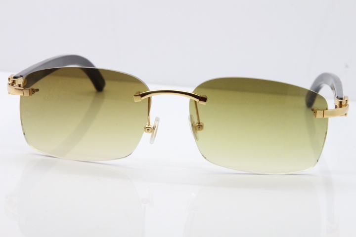 Cartier Rimless 8200759 Original White Inside Black Buffalo Horn Sunglasses in Gold Brown Lens