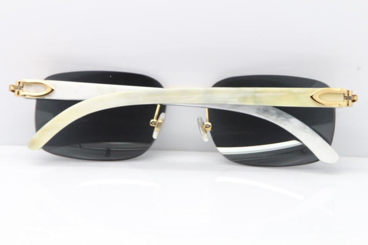 Cartier Rimless 8200759 Original White Inside Black Buffalo Horn Sunglasses in Gold Dark Lens