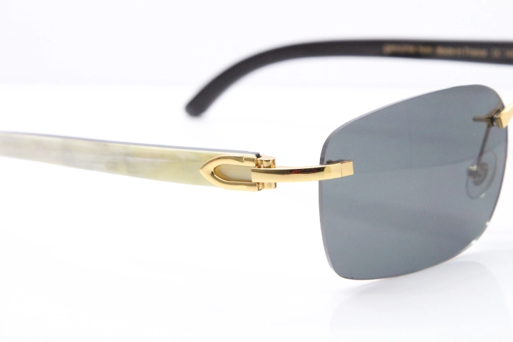 Cartier Rimless 8200759 Original White Inside Black Buffalo Horn Sunglasses in Gold Dark Lens