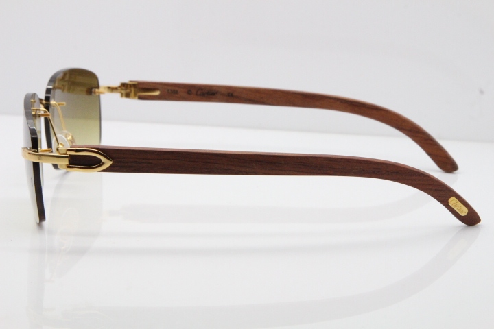 Cartier Rimless 8200759 Original Wood Sunglasses in Gold Brown Lens