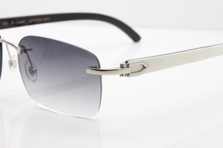 Cartier Rimless 8200759 Original White Inside Black Buffalo Horn Sunglasses in Silver Gray Lens