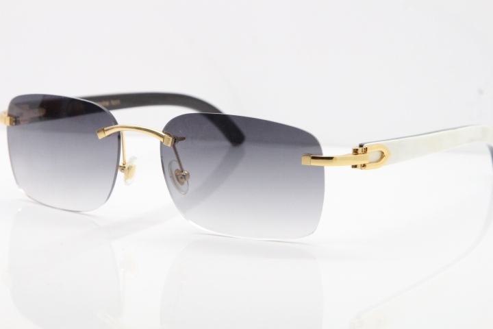 Cartier Rimless 8200759 Original White Inside Black Buffalo Horn Sunglasses in Silver Gray Lens