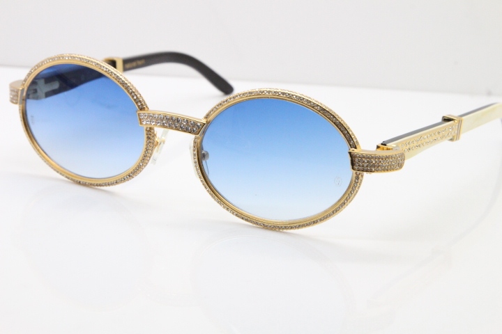 Cartier T7550178 White Inside Black Buffalo Horn Smaller Big Stones Vintage Sunglasses In Gold Blue Lens（Limited edition）