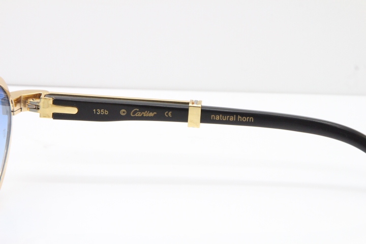 Cartier T7550178 Black Buffalo Horn Smaller Big Stones Vintage Sunglasses In Gold Blue Lens（Limited edition）