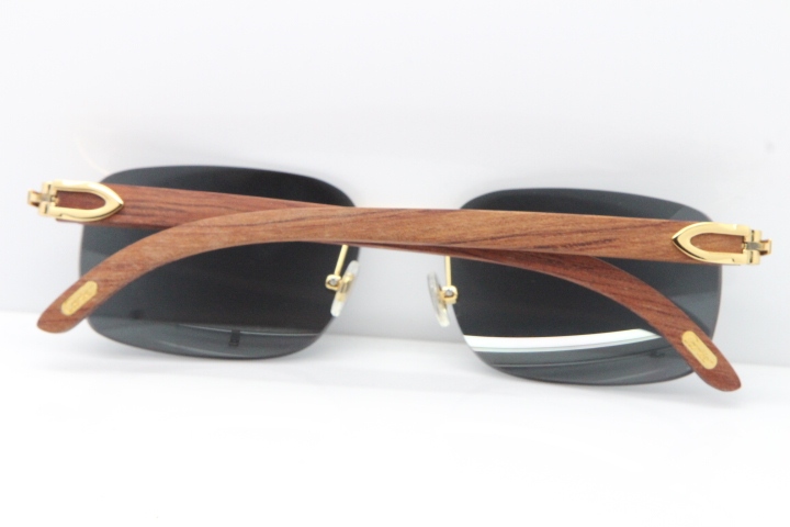 Cartier Rimless 8200759 Original Wood Sunglasses in Gold Dark Lens