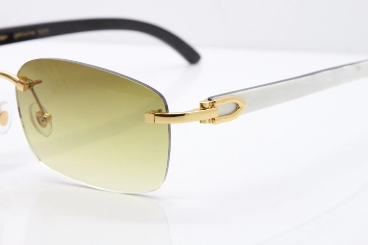 Cartier Rimless 8200759 Original White Inside Black Buffalo Horn Sunglasses in Gold Brown Lens