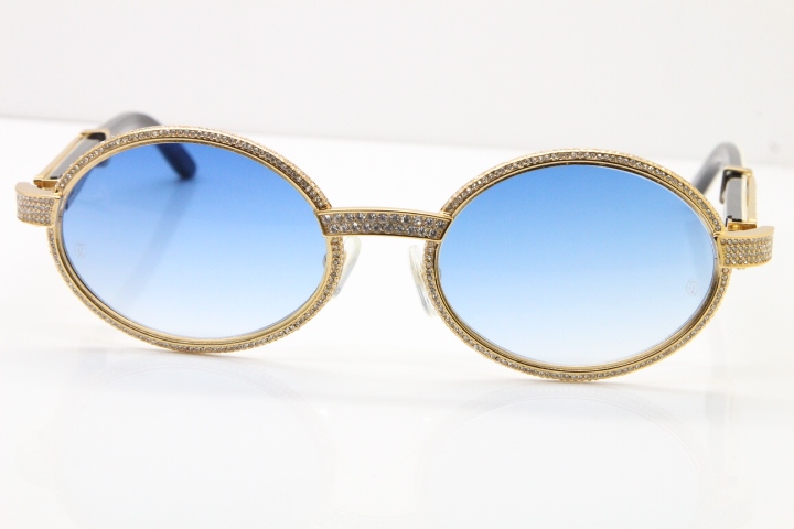 Cartier T7550178 White Inside Black Buffalo Horn Smaller Big Stones Vintage Sunglasses In Gold Blue Lens（Limited edition）