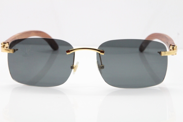 Cartier Rimless 8200759 Original Wood Sunglasses in Gold Dark Lens