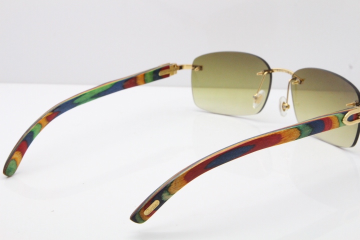 Cartier Rimless 8200759 Original Peacock Wood Sunglasses in Gold Brown Lens