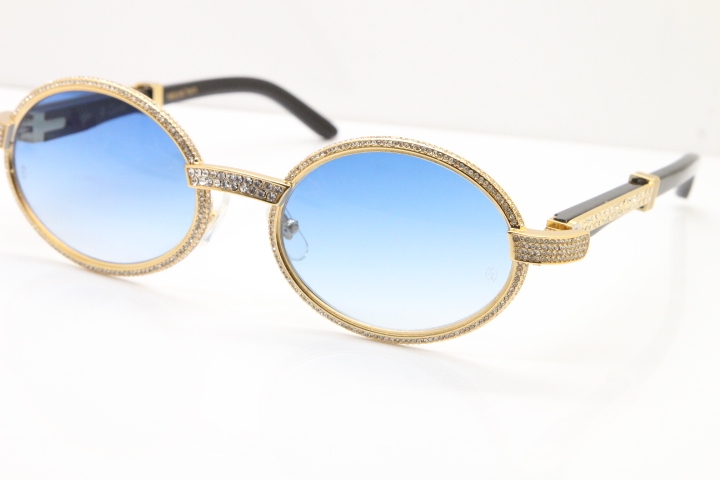 Cartier T7550178 Black Buffalo Horn Smaller Big Stones Vintage Sunglasses In Gold Blue Lens（Limited edition）