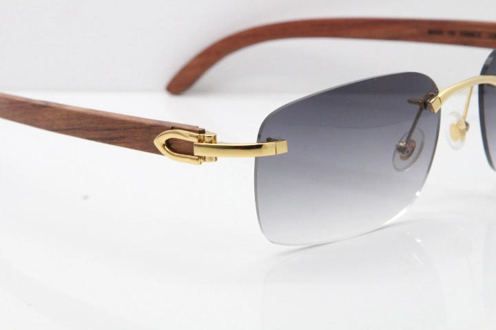 Cartier Rimless 8200759 Original Wood Sunglasses in Gold Gray Lens