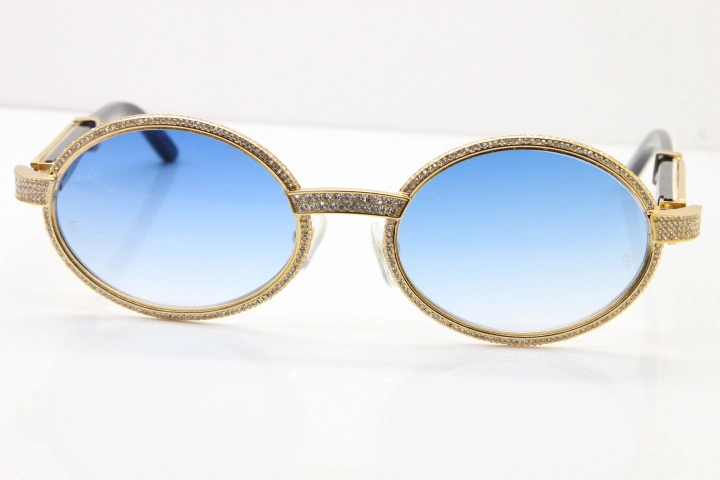 Cartier T7550178 White Inside Black Buffalo Horn Smaller Big Stones Vintage Sunglasses In Gold Blue Lens（Limited edition）