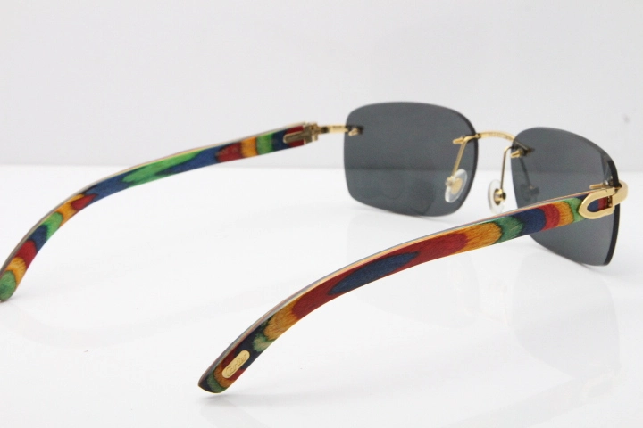 Cartier Rimless 8200759 Original Peacock Wood Sunglasses in Gold Dark Lens