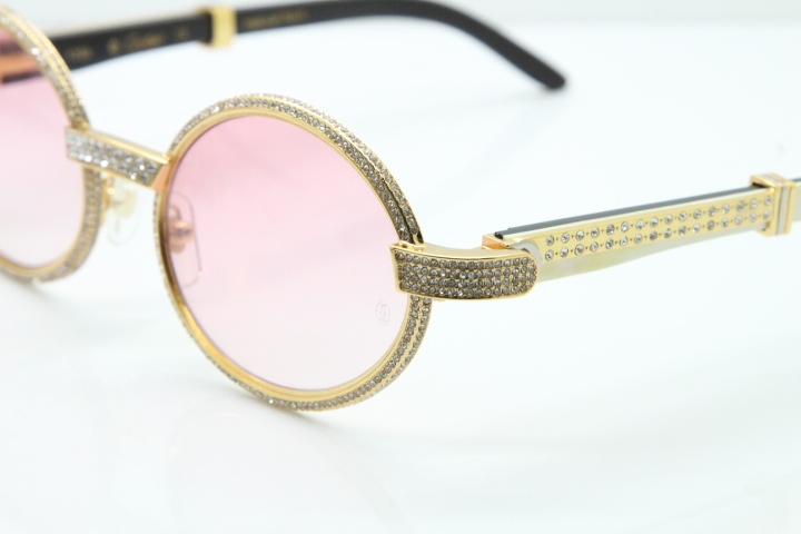 Cartier T7550178 White Inside Black Buffalo Horn Smaller Big Stones Vintage Sunglasses In Gold Pink Lens（Limited edition）