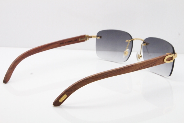 Cartier Rimless 8200759 Original Wood Sunglasses in Gold Gray Lens