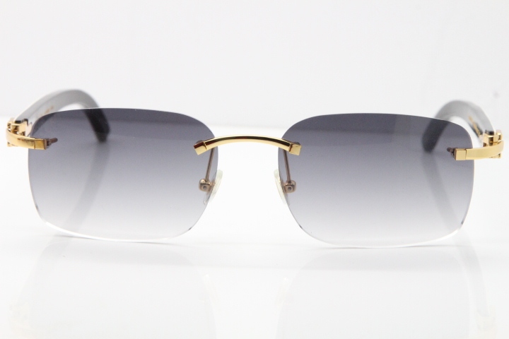 Cartier Rimless 8200759 Original White Inside Black Buffalo Horn Sunglasses in Silver Gray Lens