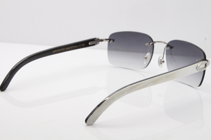 Cartier Rimless 8200759 Original White Inside Black Buffalo Horn Sunglasses in Silver Gray Lens