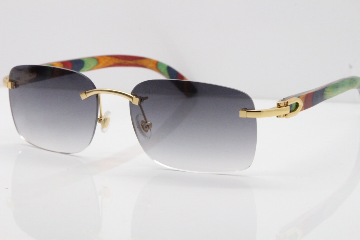 Cartier Rimless 8200759 Original Peacock Wood Sunglasses in Gold Gray Lens