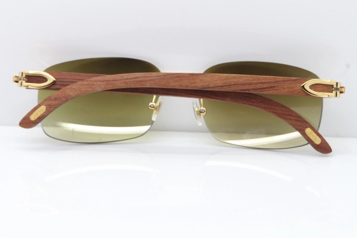 Cartier Rimless 8200759 Original Wood Sunglasses in Gold Brown Lens