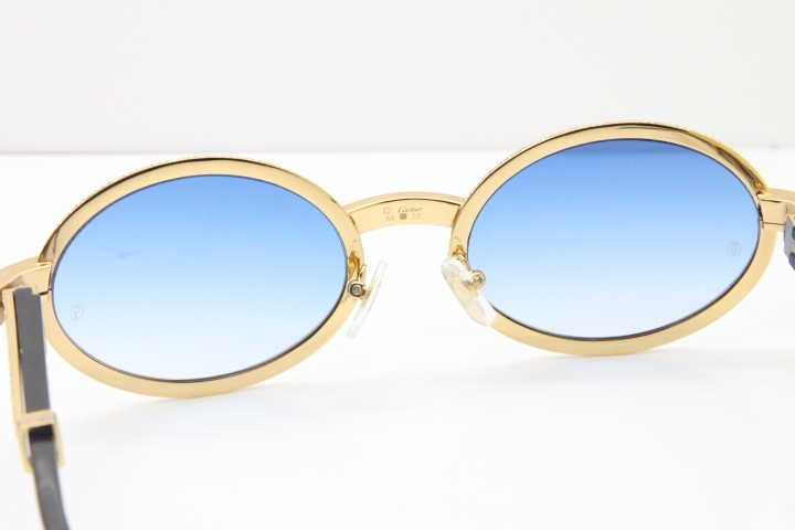 Cartier T7550178 Black Buffalo Horn Smaller Big Stones Vintage Sunglasses In Gold Blue Lens（Limited edition）