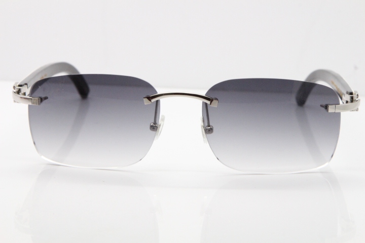 Cartier Rimless 8200759 Original White Inside Black Buffalo Horn Sunglasses in Silver Gray Lens