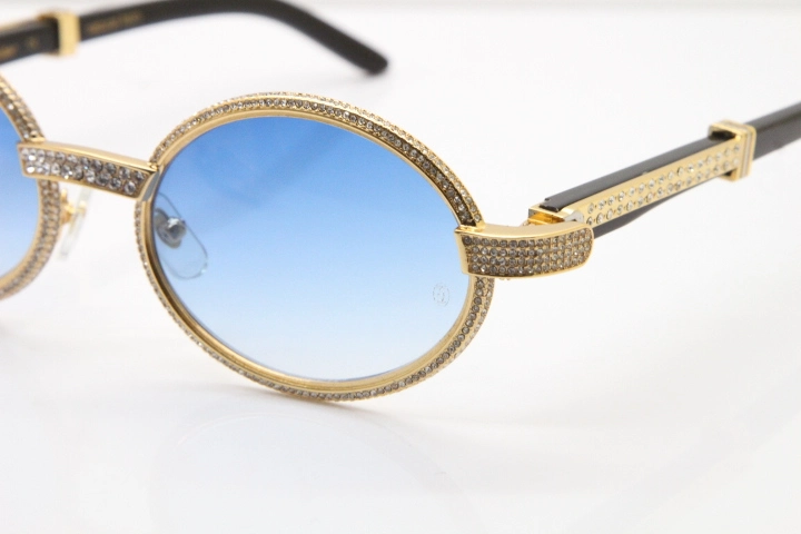 Cartier T7550178 Black Buffalo Horn Smaller Big Stones Vintage Sunglasses In Gold Blue Lens（Limited edition）