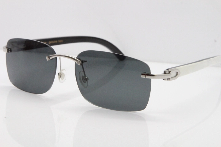 Cartier Rimless 8200759 Original White Inside Black Buffalo Horn Sunglasses in Gold Dark Lens
