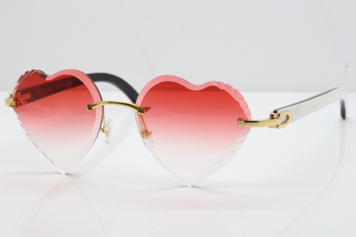 Cartier Rimless 3524012 Heart White Inside Black Buffalo Horn Sunglasses in Gold Red Lens