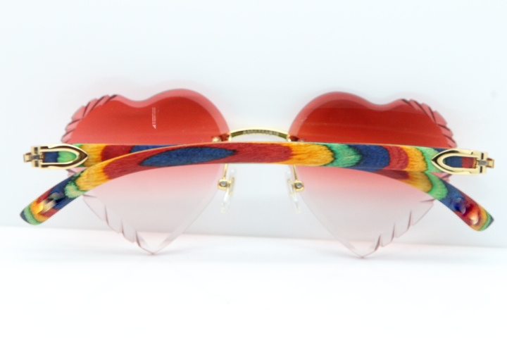 Cartier Rimless 3524012 Heart Original Peacock Wood Sunglasses In Gold Red Lens